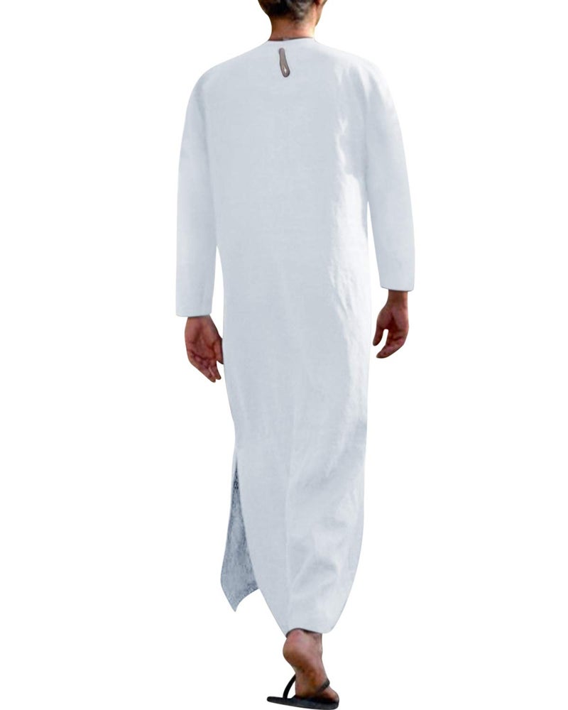 Jacansi Men's Cotton Long Sleeve V neck Solid Side Slit Middle East Long Thobe White #1 2XL - Image 2